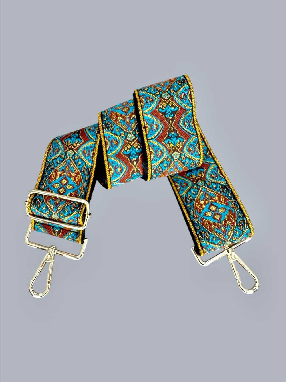 Adjustable Boho Jacquard Purse Strap 30–54” – 2” Wide Turquoise Rust Gold Cross